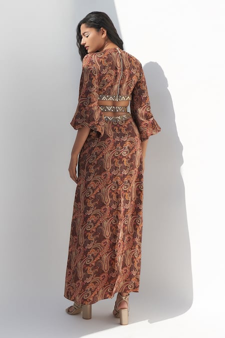 Shop Nadima Saqib Brown Crepe Zari, Embroidery Plunge Neck Paisley Print Maxi Dress at Aza Fashions Shop_Nadima Saqib_Brown Crepe Zari, Embroidery Plunge Neck Paisley Print Maxi Dress _at_Aza_Fashions