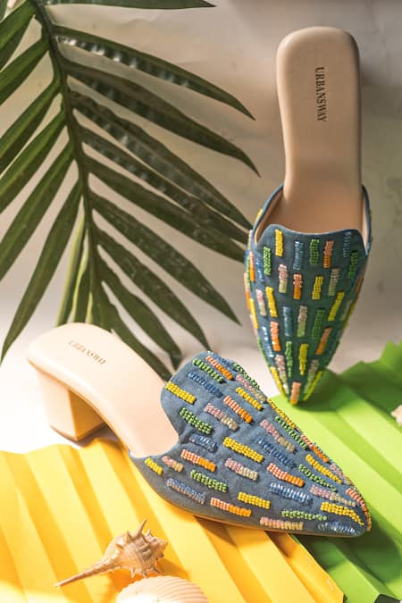 Shop Urbansway Blue Embroidery Denim Pointed Toe Mules at Aza Fashions Shop_Urbansway_Blue Embroidery Denim Pointed Toe Mules _at_Aza_Fashions