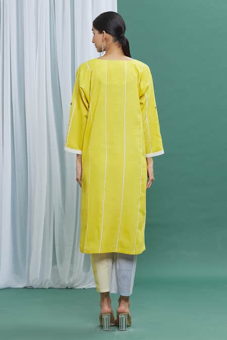 Shop Banana Labs Yellow Cotton Stripes Round Printed Kurta at Aza Fashions Shop_Banana Labs_Yellow Cotton Stripes Round Printed Kurta _at_Aza_Fashions