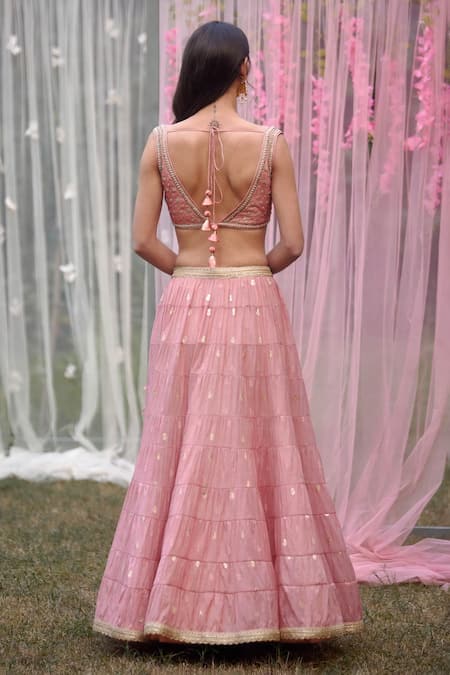 Shyam Narayan Prasad Chanderi Brocade Tiered Lehenga Set 