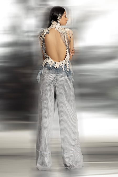 Shop_Abhishek Sharma_Blue Net, Crepe, Organza Pearls, Embroidery Turtle Neck Applique Top And Pant Set _at_Aza_Fashions