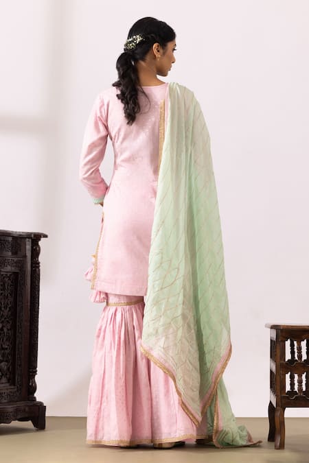 Shop Abbaran Pink Chanderi Gota Patti Keyhole Neck Embroidered Kurta Gharara Set at Aza Fashions Shop_Abbaran_Pink Chanderi Gota Patti Keyhole Neck Embroidered Kurta Gharara Set _at_Aza_Fashions