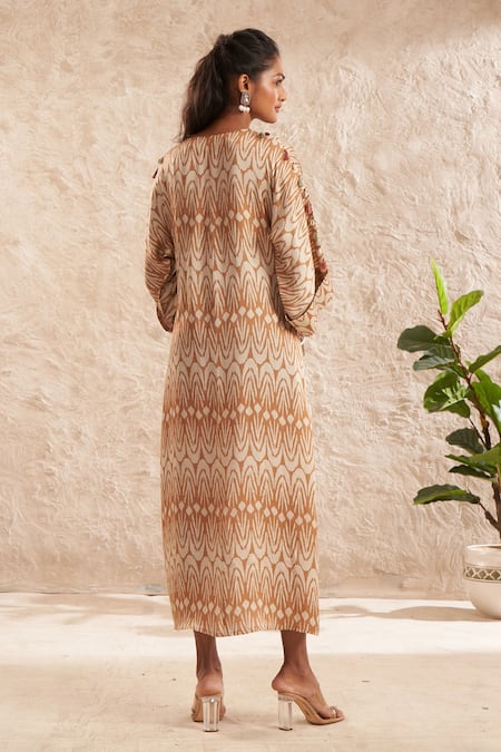 Shop Aditi Somani Brown Modal, Satin Tassels, Embroidery V-neck V Printed Tunic Dress at Aza Fashions Shop_Aditi Somani_Brown Modal, Satin Tassels, Embroidery V-neck V Printed Tunic Dress _at_Aza_Fashions