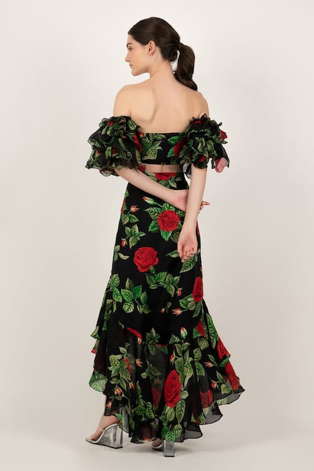 Sanam Black Silk Embroidery Off-shoulder Rosamund Floral Pattern Top And Skirt Set Online at Aza Fashions Sanam_Black Silk Embroidery Off-shoulder Rosamund Floral Pattern Top And Skirt Set _Online_at_Aza_Fashions