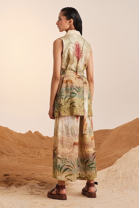 Shop Cord Beige Linen Summer Wood Print Blazer And Pant Set at Aza Fashions Shop_Cord_Beige Linen Summer Wood Print Blazer And Pant Set_at_Aza_Fashions