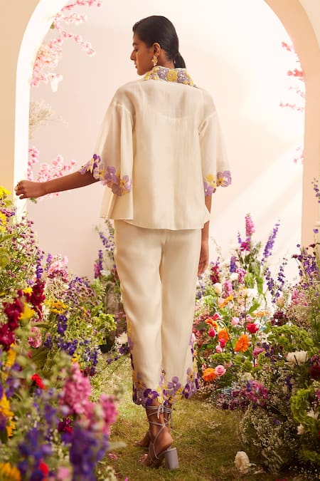 Shop Chandrima Ivory Chanderi Embroidery, Tassels Collared 3d Pansy Patch Work Shirt at Aza Fashions Shop_Chandrima_Ivory Chanderi Embroidery, Tassels Collared 3d Pansy Patch Work Shirt _at_Aza_Fashions