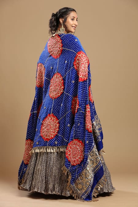 Shop_Etasha By Asha Jain_Blue Gabardine, Gingham Tassels, Embroidery Square Textured Flared Lehenga Set _at_Aza_Fashions