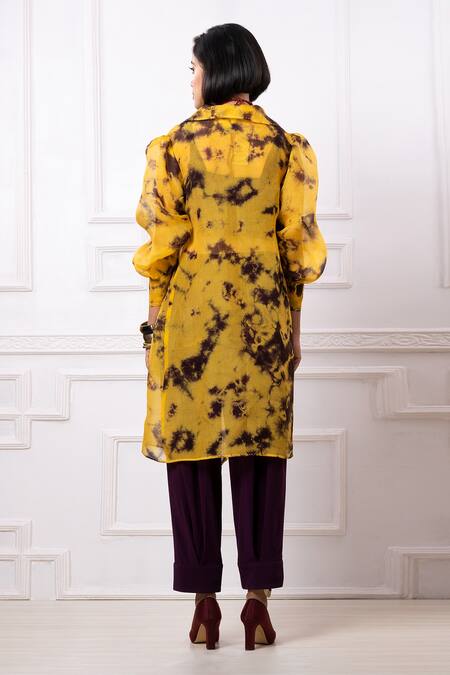 Shop Megha Garg Purple Lycra Ruffles, Embroidery Collared Abstract Print Jacket And Pant Set at Aza Fashions Shop_Megha Garg_Purple Lycra Ruffles, Embroidery Collared Abstract Print Jacket And Pant Set _at_Aza_Fashions