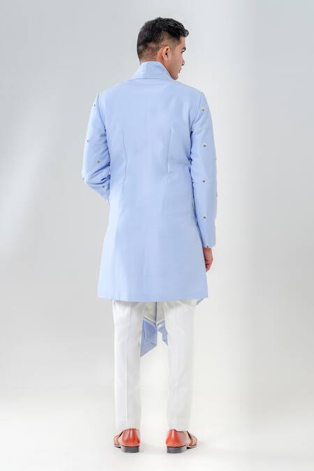 Shop Amrit Dawani Blue Silk, Cotton Embroidery Extended Lapel Attached Kurta With Trouser at Aza Fashions Shop_Amrit Dawani_Blue Silk, Cotton Embroidery Extended Lapel Attached Kurta With Trouser _at_Aza_Fashions