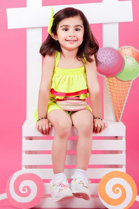 Shop The Little Celebs Green Cotton Crop Top And Shorts Set at Aza Fashions Shop_The Little Celebs_Green Cotton Crop Top And Shorts Set _at_Aza_Fashions