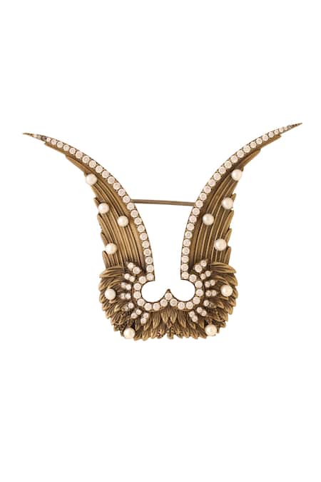 Shop Cosa Nostraa Gold Stones, Pearls Studded Garuda Brooch at Aza Fashions Shop_Cosa Nostraa_Gold Stones, Pearls Studded Garuda Brooch _at_Aza_Fashions