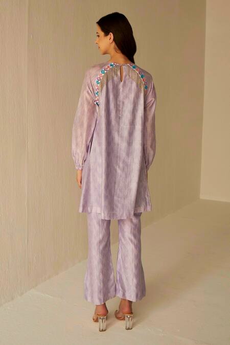 Shop Betrue Purple Chanderi Cotton, Silk Chains Round Neck Shibori Pattern Top And Pant Set at Aza Fashions Shop_Betrue_Purple Chanderi Cotton, Silk Chains Round Neck Shibori Pattern Top And Pant Set _at_Aza_Fashions