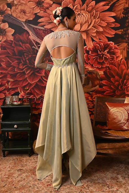 Shop Moledro Green Brocade Diamonds, Embroidery, Ezra Yoke Anarkali With Printed Dupatta at Aza Fashions Shop_Moledro_Green Brocade Diamonds, Embroidery, Ezra Yoke Anarkali With Printed Dupatta _at_Aza_Fashions