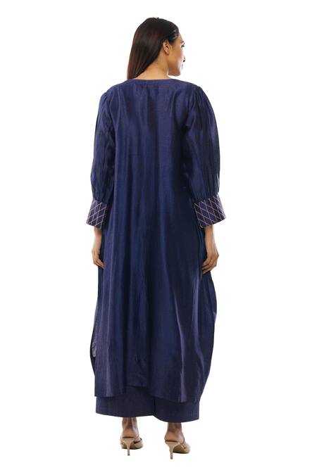 Khat_Blue Chanderi Embroidery Split V-neck Neckline Dress Pant Co-ord Set _Online_at_Aza_Fashions