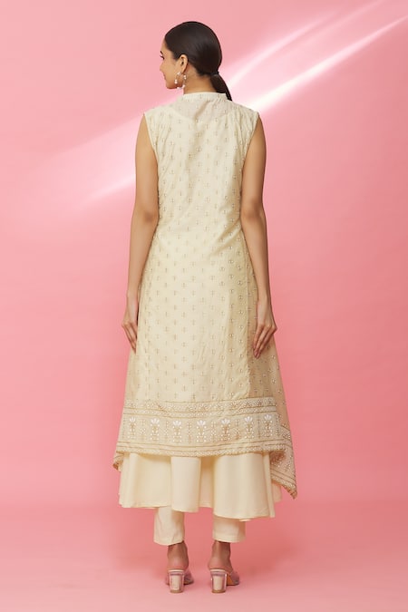Shop_Samyukta Singhania_Cream Georgette, Rayon Sequins Round Neck Flora Print Asymmetric Kurta Pant Set _at_Aza_Fashions