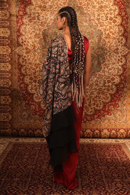 Shop_Aditi Gupta_Red Satin, Lycra, Silk Embroidery V-neck Pre-draped Saree With Blouse _at_Aza_Fashions