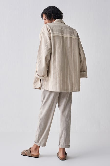 Shop Three Beige Handloom Cotton Handwoven Jacket And Pant Set at Aza Fashions Shop_Three_Beige Handloom Cotton Handwoven Jacket And Pant Set_at_Aza_Fashions