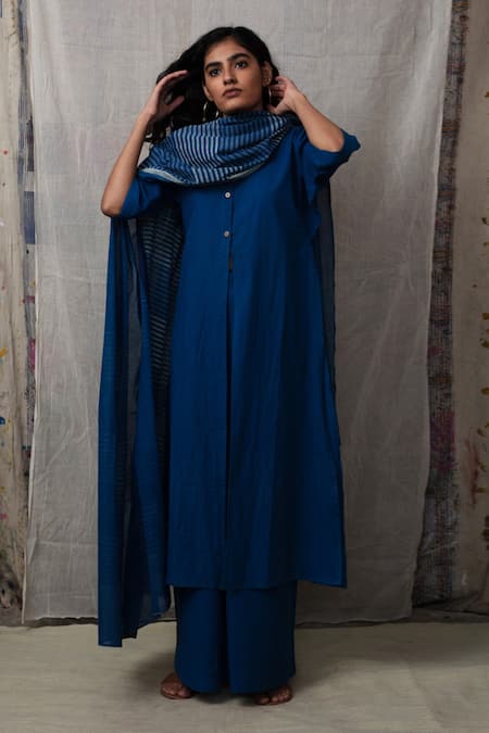 Shop Banana Labs Blue Cotton Plain Round Kurta Set at Aza Fashions Shop_Banana Labs_Blue Cotton Plain Round Kurta Set _at_Aza_Fashions