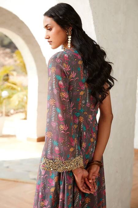 Shop Basanti - Kapde Aur Koffee Grey Georgette Embroidery Asymmetric Floral Bloom Print Jumpsuit at Aza Fashions Shop_Basanti - Kapde Aur Koffee_Grey Georgette Embroidery Asymmetric Floral Bloom Print Jumpsuit_at_Aza_Fashions
