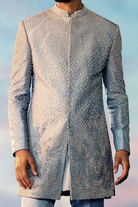 Shop Rohit Gandhi + Rahul Khanna Blue Chanderi, Viscose Mihrab Geometric Abstract Embellished Sherwani Set at Aza Fashions Shop_Rohit Gandhi + Rahul Khanna_Blue Chanderi, Viscose Mihrab Geometric Abstract Embellished Sherwani Set _at_Aza_Fashions