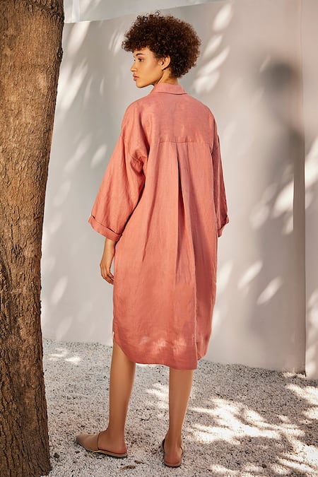Shop_Kharakapas_Pink Linen Collared Salmon Sleeve Shirt Dress _at_Aza_Fashions