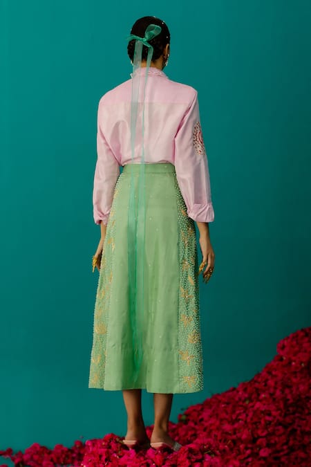 Shop_LATHA PUTTANNA_Pink Silk Embroidery Round Neck Ruffle Shirt _at_Aza_Fashions