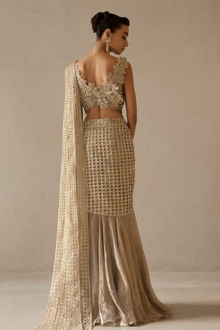 Varun Nidhika Pre-Stitched Saree With Floral Embroidered Blouse 