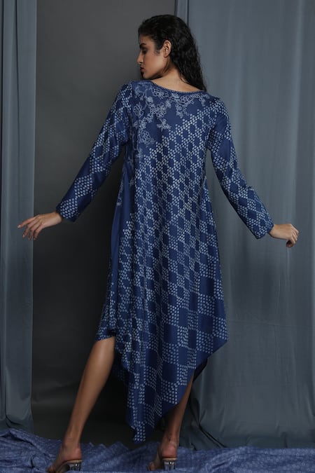 Shop Krishna Mehta Blue Chanderi Embroidery Round Neck Printed Asymmetrical Tunic at Aza Fashions Shop_Krishna Mehta_Blue Chanderi Embroidery Round Neck Printed Asymmetrical Tunic _at_Aza_Fashions