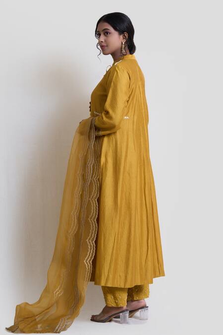 Shop Brij Yellow Chanderi Silk, Organza, Spandex Pearls, Cut Work, Kantha Kurta Pant Set at Aza Fashions Shop_Brij_Yellow Chanderi Silk, Organza, Spandex Pearls, Cut Work, Kantha Kurta Pant Set_at_Aza_Fashions