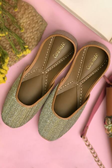 Shop_Coral Haze_Gold Anaya Glitter Juttis_at_Aza_Fashions