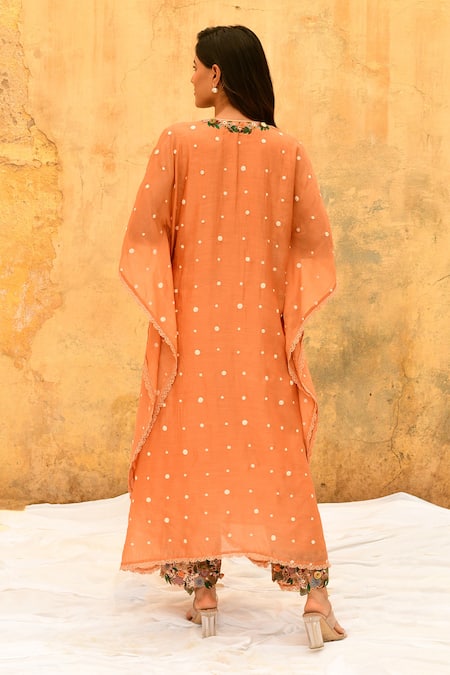 Shop_Label Niti Bothra_Peach Silk Embroidery V-neck Rosette Kaftan With Palazzo _at_Aza_Fashions
