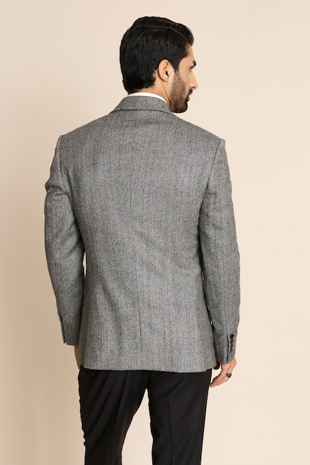 Shop_Gargee Designers_Grey Wool Herringbone Flannel Blazer _at_Aza_Fashions