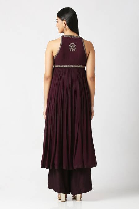 Shop Labbada Purple Kurta Viscose Georgette Hand Embroidered Yoke Gathered And Palazzo Set at Aza Fashions Shop_Labbada_Purple Kurta Viscose Georgette Hand Embroidered Yoke Gathered And Palazzo Set_at_Aza_Fashions