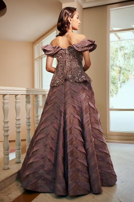 Shop Adaara Couture Purple Satin, Organza, Silk Sequins Hand Embroidered Top And Skirt Set at Aza Fashions Shop_Adaara Couture_Purple Satin, Organza, Silk Sequins Hand Embroidered Top And Skirt Set _at_Aza_Fashions