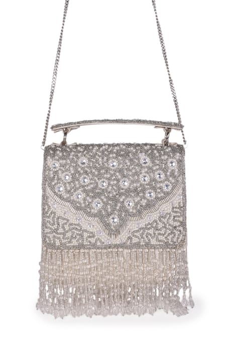5elements_Silver Embroidery Floral Clutch _Online_at_Aza_Fashions
