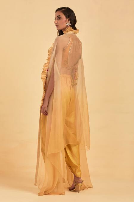 Shop Aum By Asit And Ashima Yellow Modal Satin Embroidery Flower V Neck Organza Cape Dhoti Pant Set at Aza Fashions Shop_Aum By Asit And Ashima_Yellow Modal Satin Embroidery Flower V Neck Organza Cape Dhoti Pant Set_at_Aza_Fashions