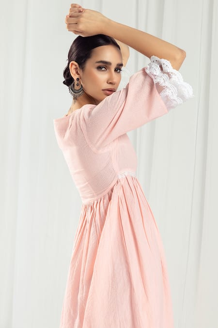 Shop Roze Peach Cotton, Chiffon Lace, Embroidery Aura Neckline Embellished Anarkali Set at Aza Fashions Shop_Roze_Peach Cotton, Chiffon Lace, Embroidery Aura Neckline Embellished Anarkali Set _at_Aza_Fashions