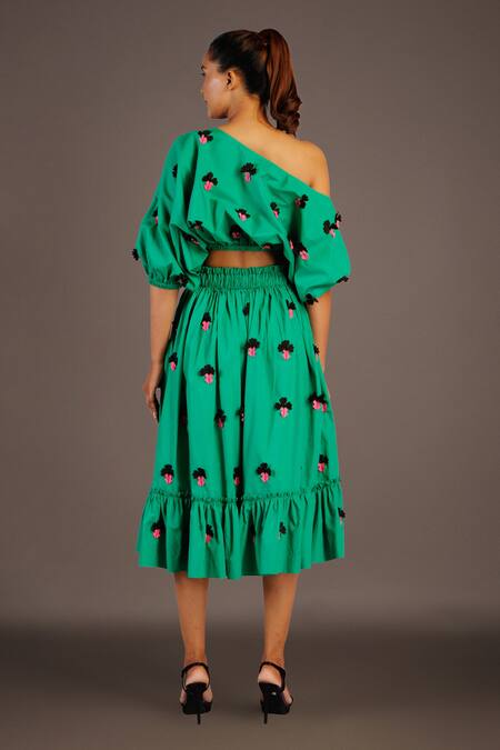 Shop Deepika Arora Green Cotton Floral, Confetti Asymmetric One Shoulder Top And Skirt Set at Aza Fashions Shop_Deepika Arora_Green Cotton Floral, Confetti Asymmetric One Shoulder Top And Skirt Set_at_Aza_Fashions