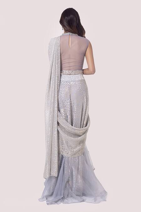 Shop Onaya Grey Crush Fabrics Embellished Pre-draped Flower Ruffle Saree With Blouse at Aza Fashions Shop_Onaya_Grey Crush Fabrics Embellished Pre-draped Flower Ruffle Saree With Blouse_at_Aza_Fashions