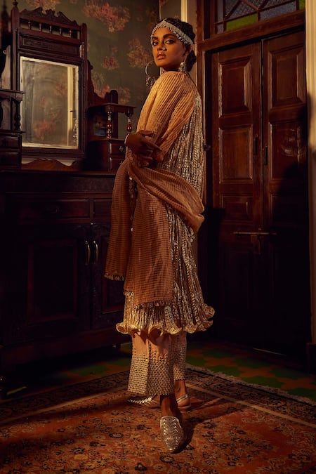 Shop Etasha By Asha Jain Gold Silk, Tissue, Crepe Sequins, Embroidery, Metallic Embellished Anarkali Set at Aza Fashions Shop_Etasha By Asha Jain_Gold Silk, Tissue, Crepe Sequins, Embroidery, Metallic Embellished Anarkali Set _at_Aza_Fashions