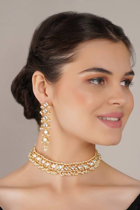 ChhavI'S Jewels_White Stones, Pearls, Embroidery Embellished Choker Necklace Set_Online_at_Aza_Fashions