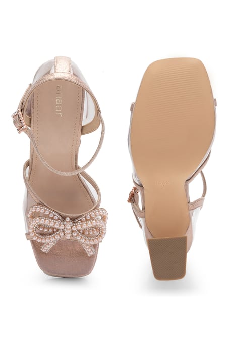 Shop Anaar Gold Rhinestones, Bows Queen Street Pearl Embellished Heels at Aza Fashions Shop_Anaar_Gold Rhinestones, Bows Queen Street Pearl Embellished Heels_at_Aza_Fashions