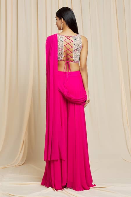Shop Izzumi Mehta Pink Georgette Mirror Round Hand Embroidered Pant Saree at Aza Fashions Shop_Izzumi Mehta_Pink Georgette Mirror Round Hand Embroidered Pant Saree _at_Aza_Fashions