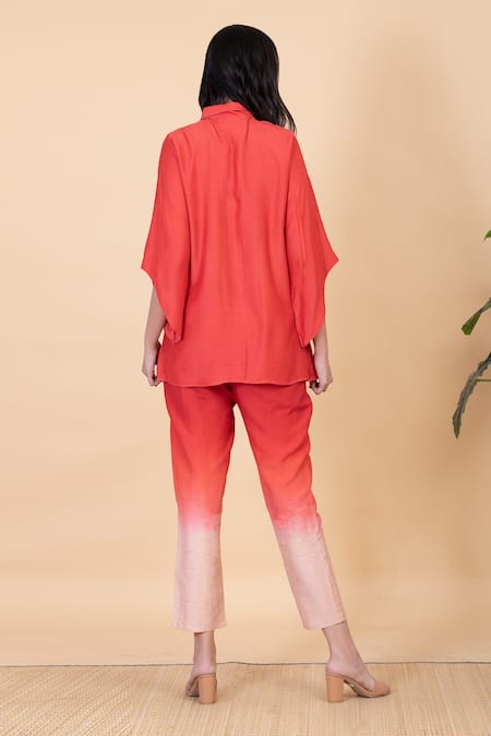 Shop Chambray & CO. Coral Silk Embroidery Collared Klara Flower Shirt And Pant Set at Aza Fashions Shop_Chambray & CO._Coral Silk Embroidery Collared Klara Flower Shirt And Pant Set _at_Aza_Fashions