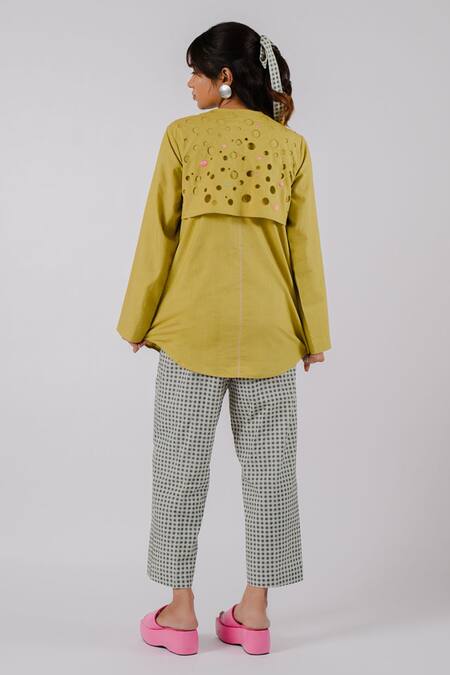 Shop_Tussah By Siddhi Shah_Green Cotton Embroidery Round Neck Flap Cutwork Shirt _at_Aza_Fashions