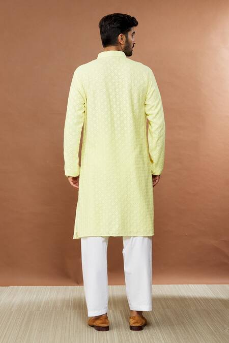 Shop Aham-Vayam Yellow Cotton Sequins Suryamukhi Embroidered Kurta Set at Aza Fashions Shop_Aham-Vayam_Yellow Cotton Sequins Suryamukhi Embroidered Kurta Set _at_Aza_Fashions
