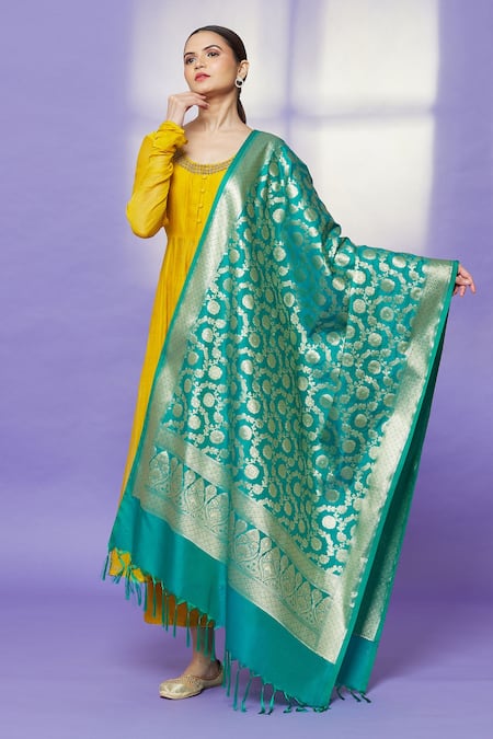 Shop_Naintara Bajaj_Teal Zari, Fringe Metallic Floret Pattern Hem Dupatta _at_Aza_Fashions