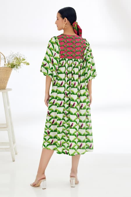 Shop Nikasha Off White 100% Crepe Leaf Print, Parakeet, Sequin And Hand Painted Tiered Dress at Aza Fashions Shop_Nikasha_Off White 100% Crepe Leaf Print, Parakeet, Sequin And Hand Painted Tiered Dress _at_Aza_Fashions