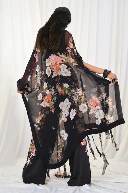 Shop AK-OK Black Silk Embroidery Round Neck Top And Trouser Set With Flower Print Kaftan at Aza Fashions Shop_AK-OK_Black Silk Embroidery Round Neck Top And Trouser Set With Flower Print Kaftan _at_Aza_Fashions