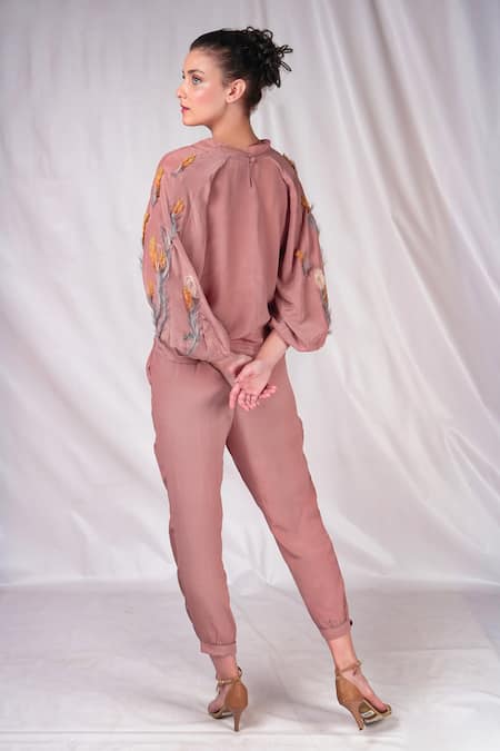 Shop_Seesa_Pink Crepe Silk Embroidered Applique Band Collar Raglan Sleeve Top _at_Aza_Fashions
